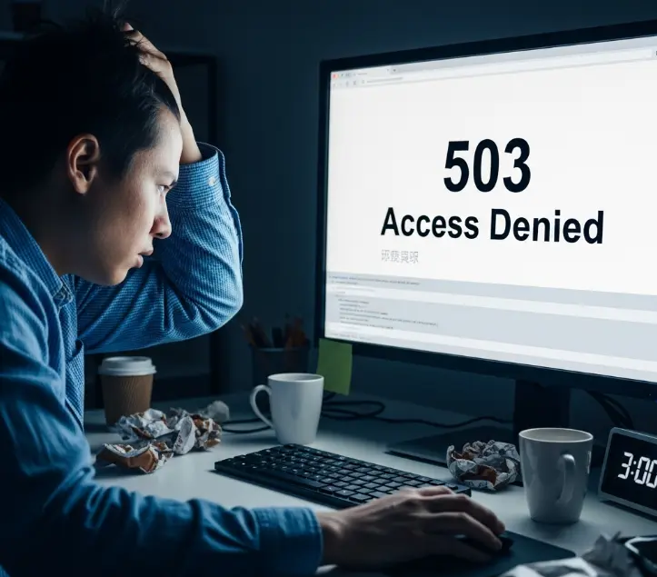 烦躁的程序员,面对着电脑上程序的报错,页面的503拒绝访问